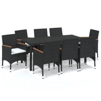 vidaXL 9 Piece Patio Dining Set with Cushions Poly Rattan Black