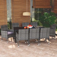 vidaXL 9 Piece Patio Dining Set with Cushions Poly Rattan Gray