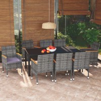 vidaXL 9 Piece Patio Dining Set with Cushions Poly Rattan Gray