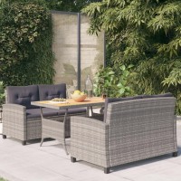 vidaXL 3 Piece Patio Dining Set with Gray Cushions Poly Rattan