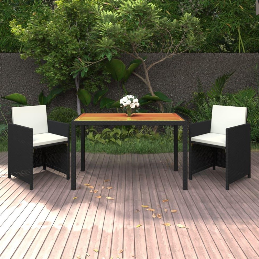 vidaXL 3 Piece Patio Dining Set with Cushions Poly Rattan Black