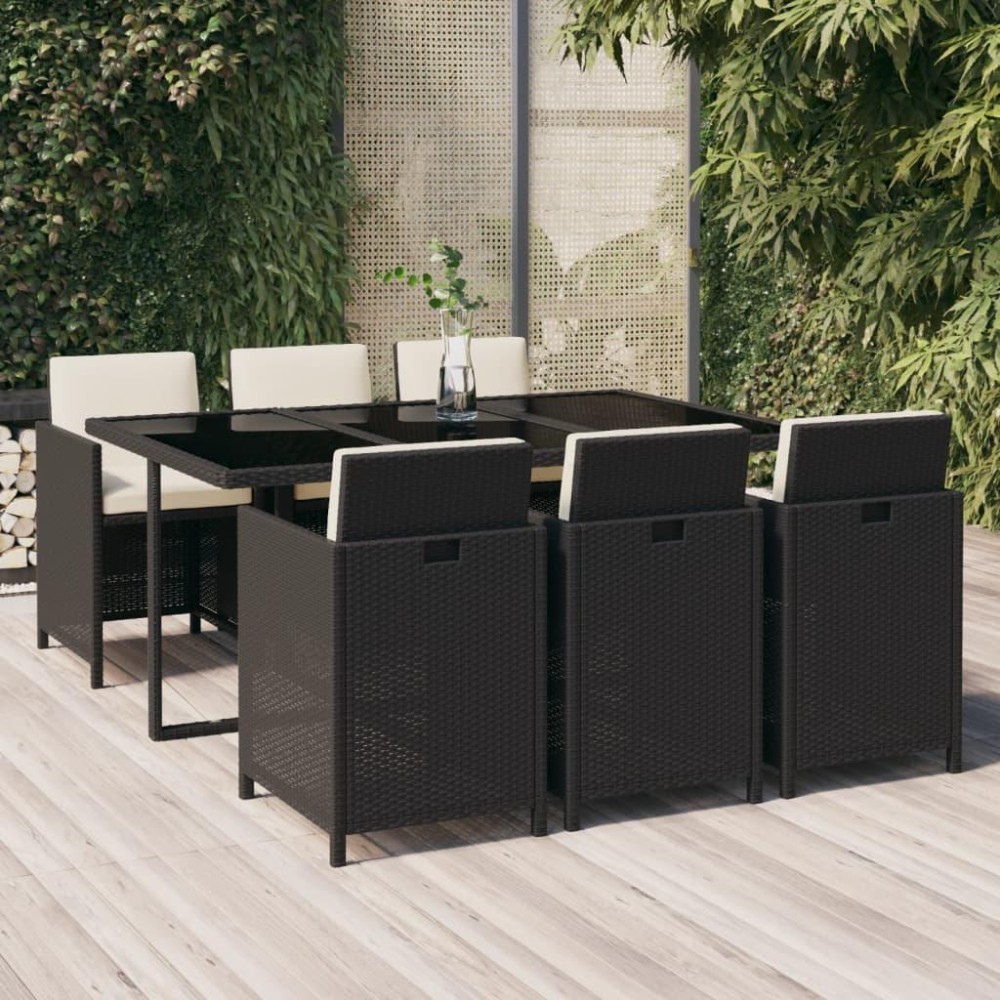 vidaXL 7 Piece Patio Dining Set with Cushions Poly Rattan Black