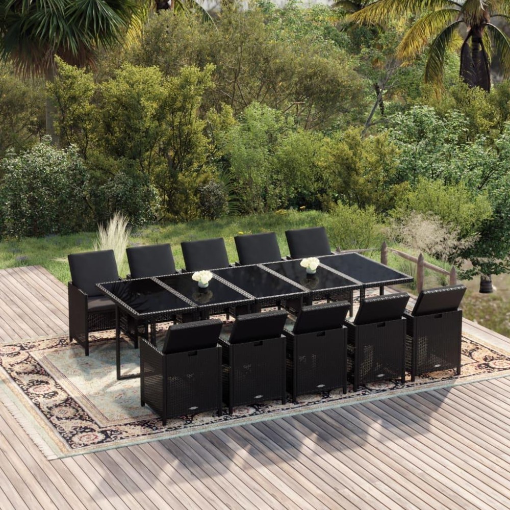 vidaXL 11 Piece Patio Dining Set with Cushions Poly Rattan Black