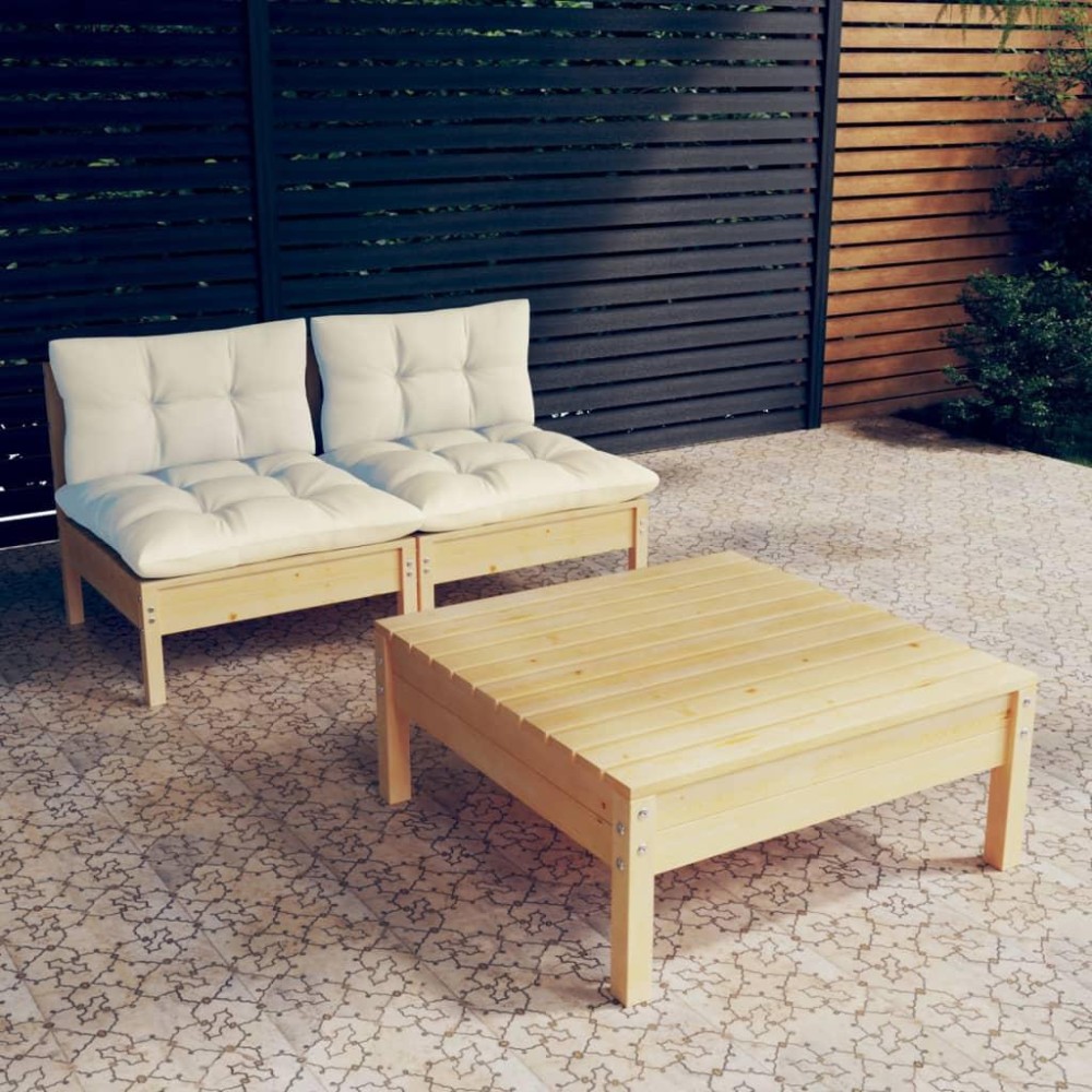 vidaXL 3 Piece Patio Lounge Set with Cream Cushions Pinewood