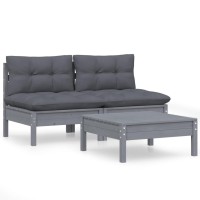 vidaXL 3 Piece Patio Lounge Set with Anthracite Cushions Pinewood