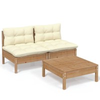 vidaXL 3 Piece Patio Lounge Set with Cream Cushions Pinewood