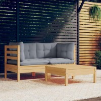 vidaXL 3 Piece Patio Lounge Set with Gray Cushions Pinewood