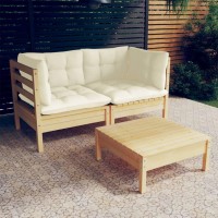 vidaXL 3 Piece Patio Lounge Set with Cream Cushions Pinewood