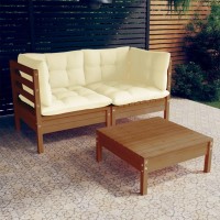 vidaXL 3 Piece Patio Lounge Set with Cream Cushions Pinewood