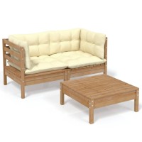 vidaXL 3 Piece Patio Lounge Set with Cream Cushions Pinewood