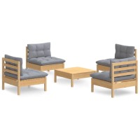 vidaXL 5 Piece Patio Lounge Set with Gray Cushions Pinewood