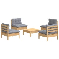 vidaXL 5 Piece Patio Lounge Set with Gray Cushions Pinewood