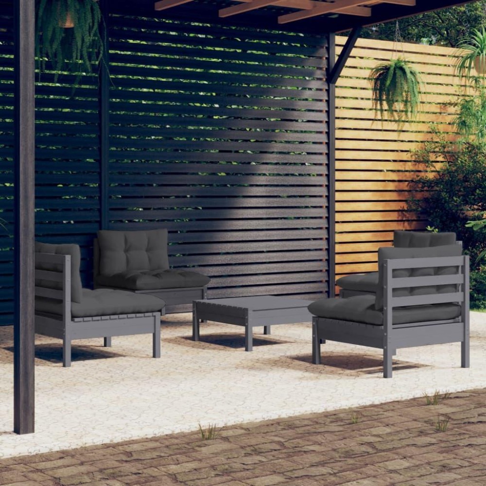 vidaXL 5 Piece Patio Lounge Set with Anthracite Cushions Pinewood