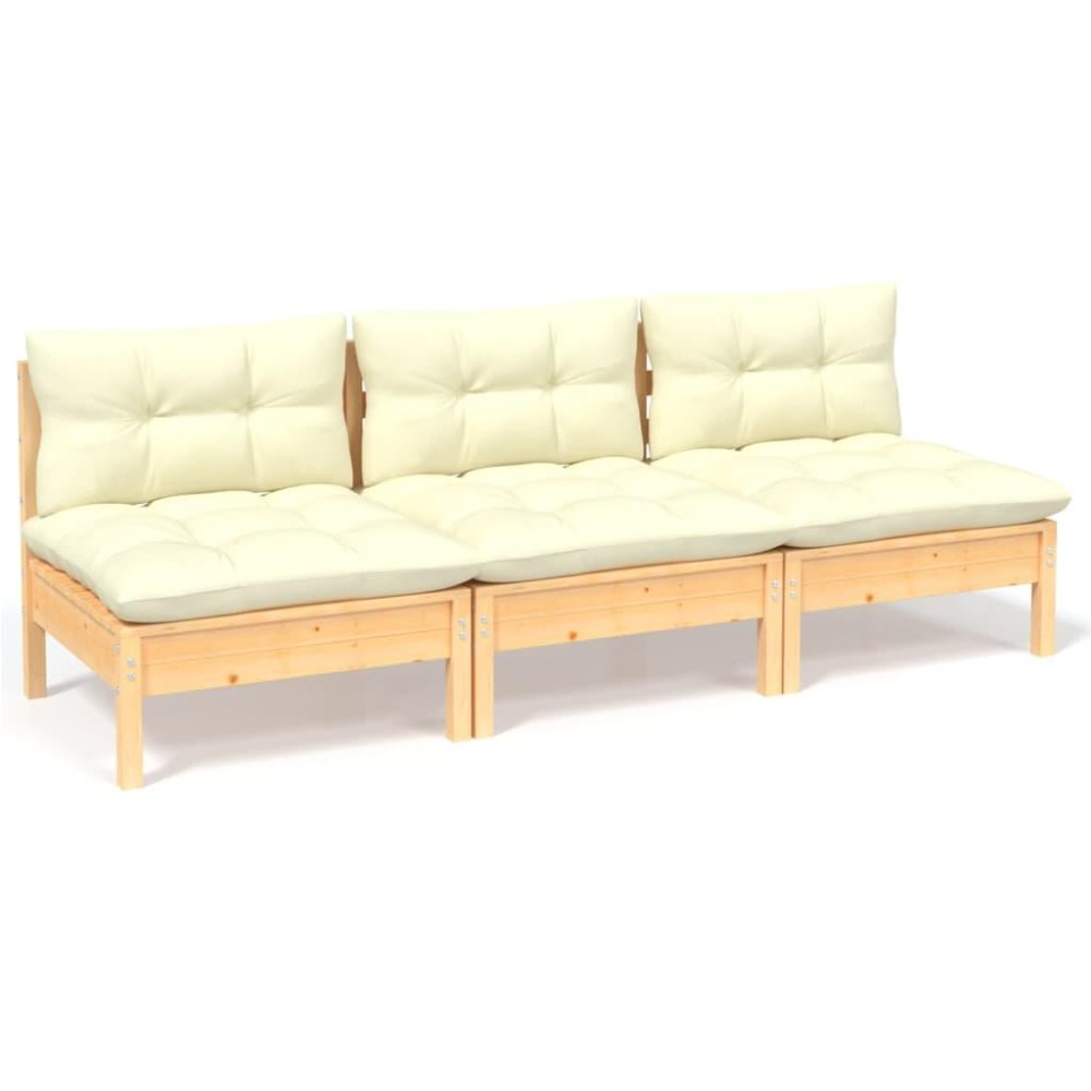 vidaXL 3-Seater Patio Sofa with Cream Cushions Solid Pinewood