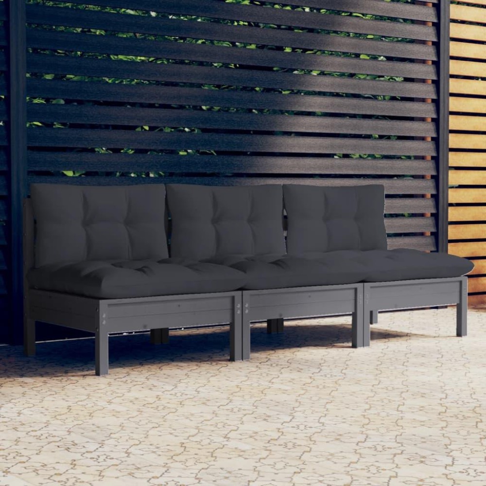 vidaXL 3-Seater Patio Sofa with Anthracite Cushions Solid Pinewood