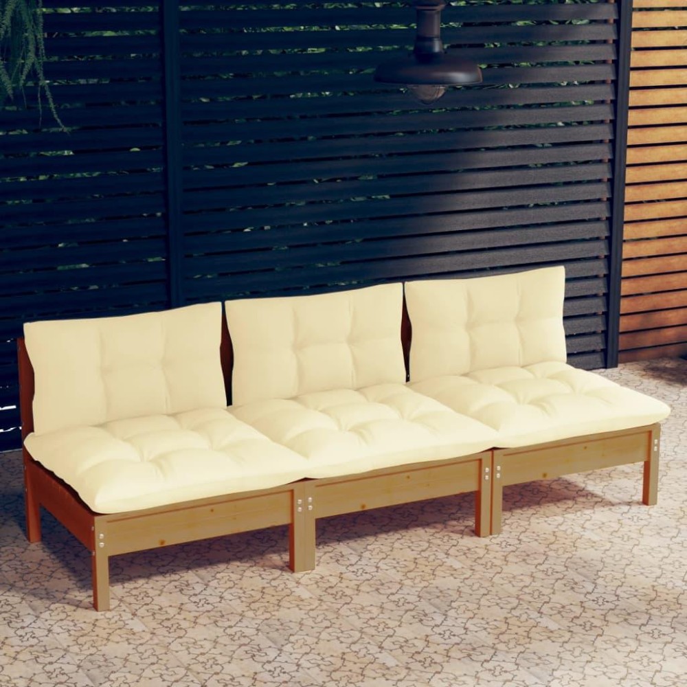 vidaXL 3-Seater Patio Sofa with Cream Cushions Solid Pinewood