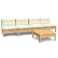 vidaXL 5 Piece Patio Lounge Set with Cream Cushions Pinewood