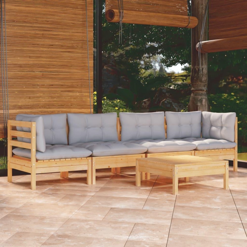 vidaXL 5 Piece Patio Lounge Set with Gray Cushions Solid Pinewood