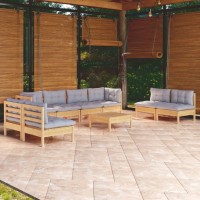 vidaXL 9 Piece Patio Lounge Set with Gray Cushions Solid Pinewood