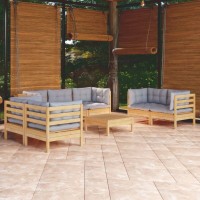 vidaXL 8 Piece Patio Lounge Set with Gray Cushions Solid Pinewood