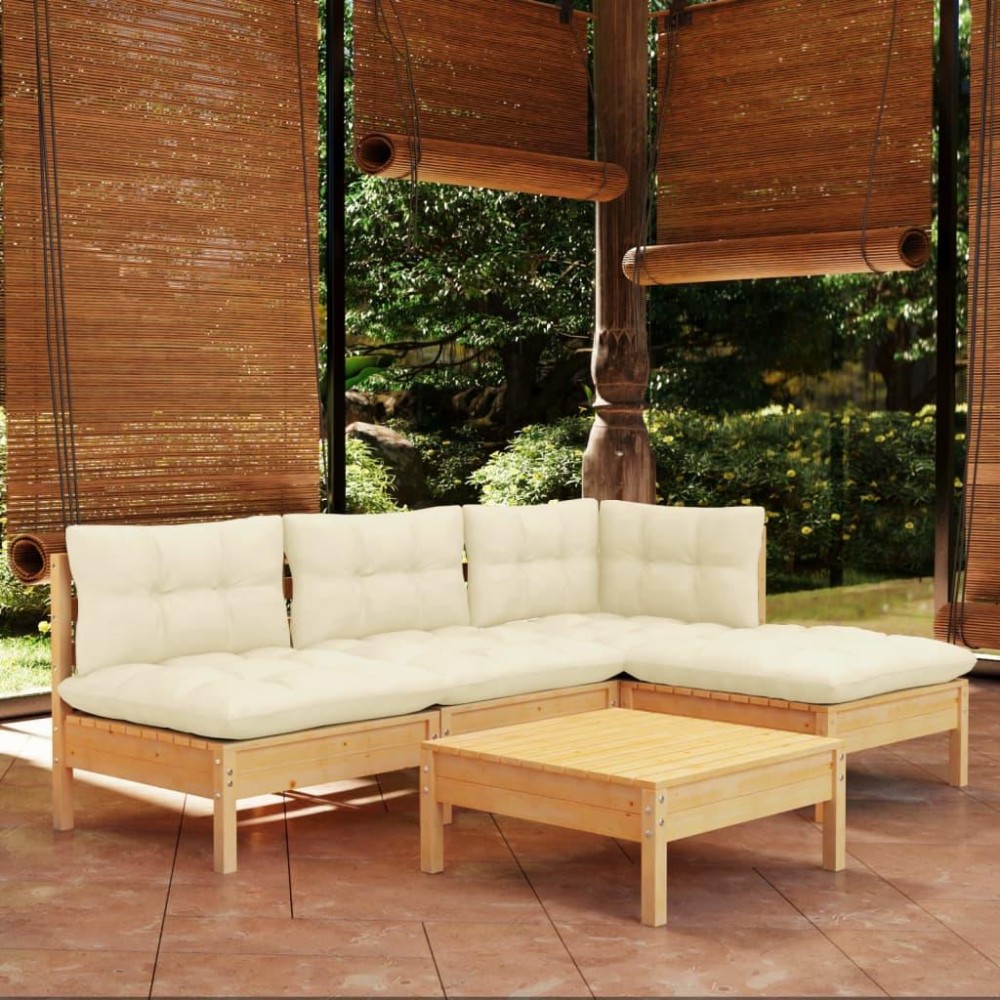 vidaXL 5 Piece Patio Lounge Set with Cream Cushions Pinewood