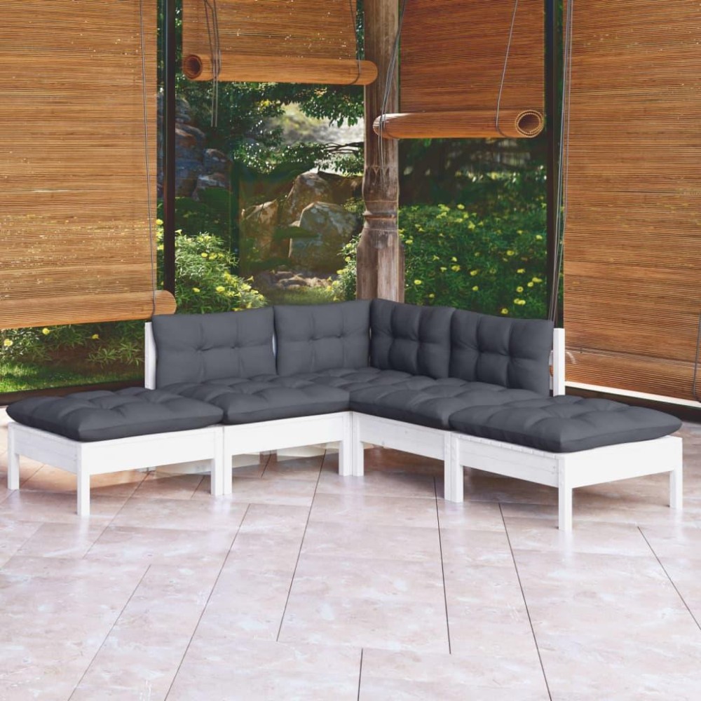 vidaXL 5 Piece Patio Lounge Set with Cushions White Pinewood