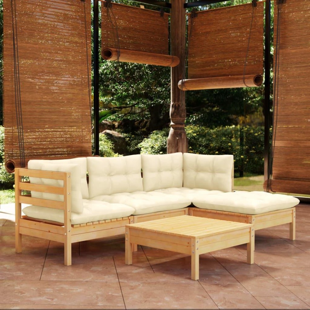 vidaXL 5 Piece Patio Lounge Set with Cream Cushions Pinewood