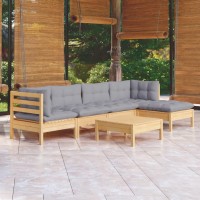 vidaXL 6 Piece Patio Lounge Set with Gray Cushions Pinewood