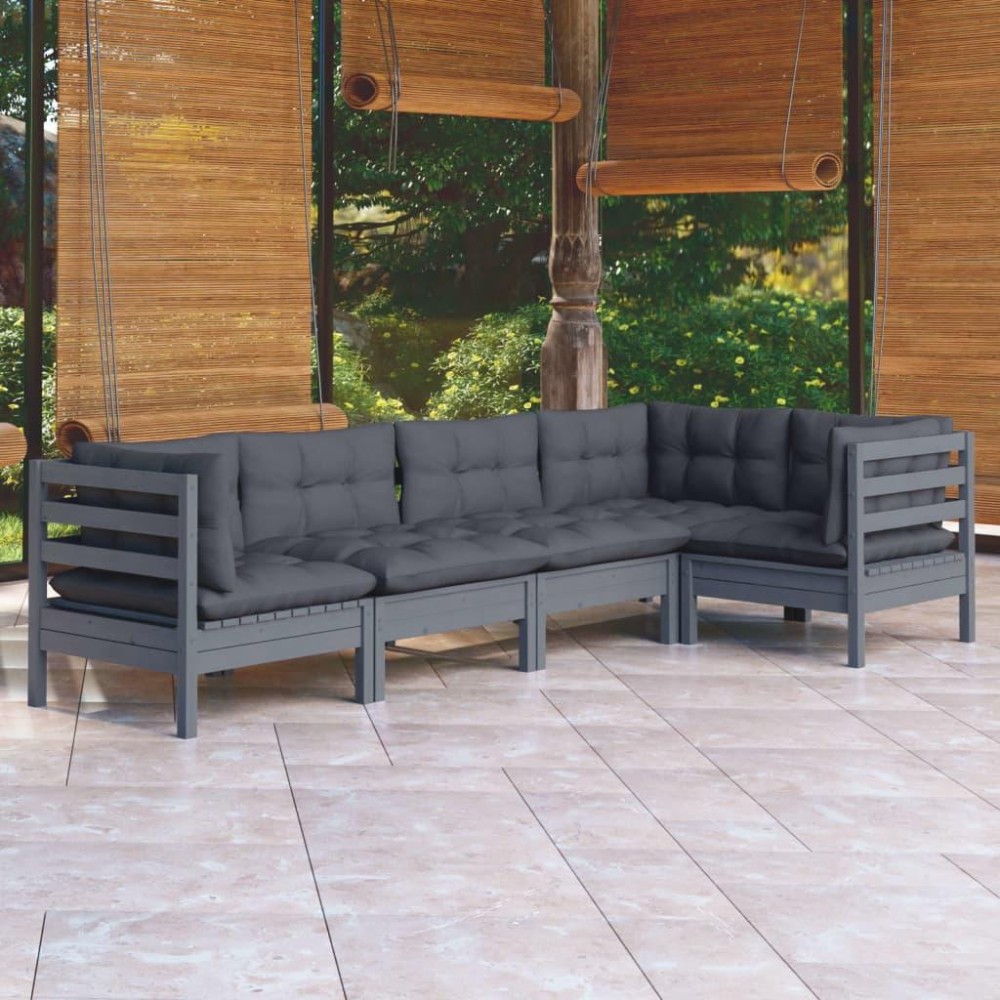 vidaXL 5 Piece Patio Lounge Set with Cushions Gray Pinewood