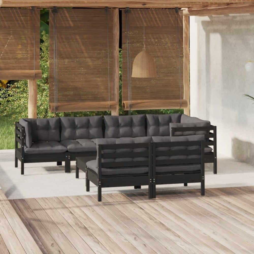 vidaXL 8 Piece Patio Lounge Set with Cushions Black Solid Pinewood