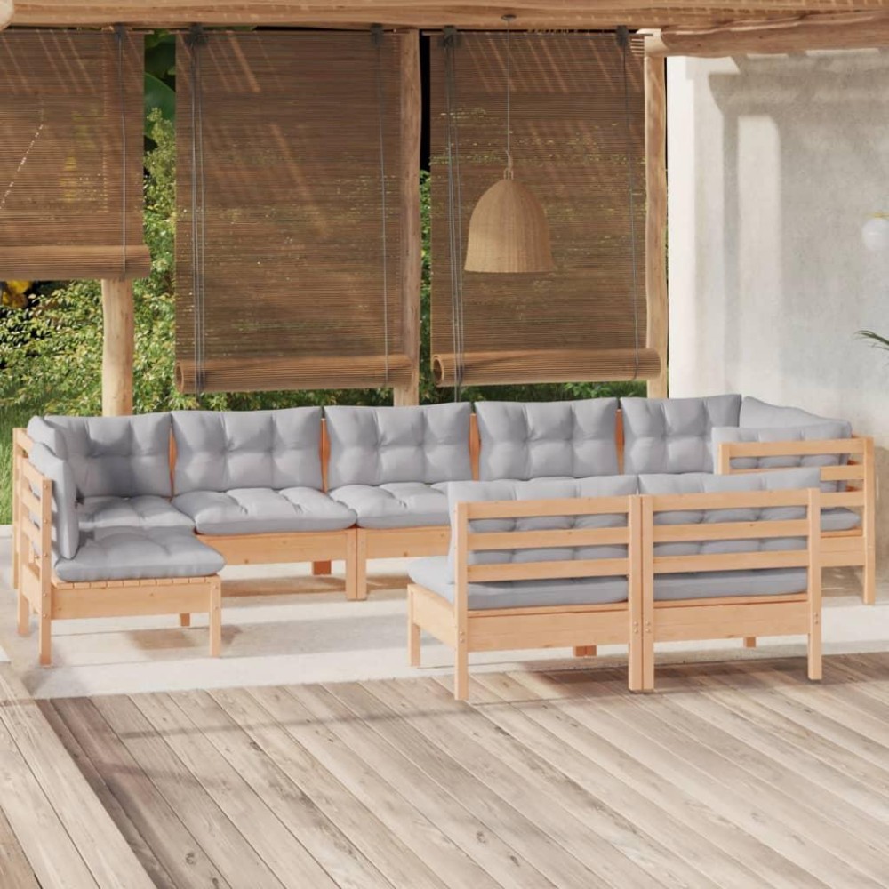 vidaXL 9 Piece Patio Lounge Set with Gray Cushions Solid Pinewood