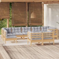 vidaXL 9 Piece Patio Lounge Set with Gray Cushions Solid Pinewood