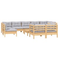 vidaXL 10 Piece Patio Lounge Set with Gray Cushions Solid Pinewood