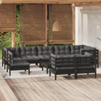 vidaXL 10 Piece Patio Lounge Set with Cushions Black Solid Pinewood