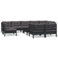 vidaXL 10 Piece Patio Lounge Set with Cushions Black Solid Pinewood