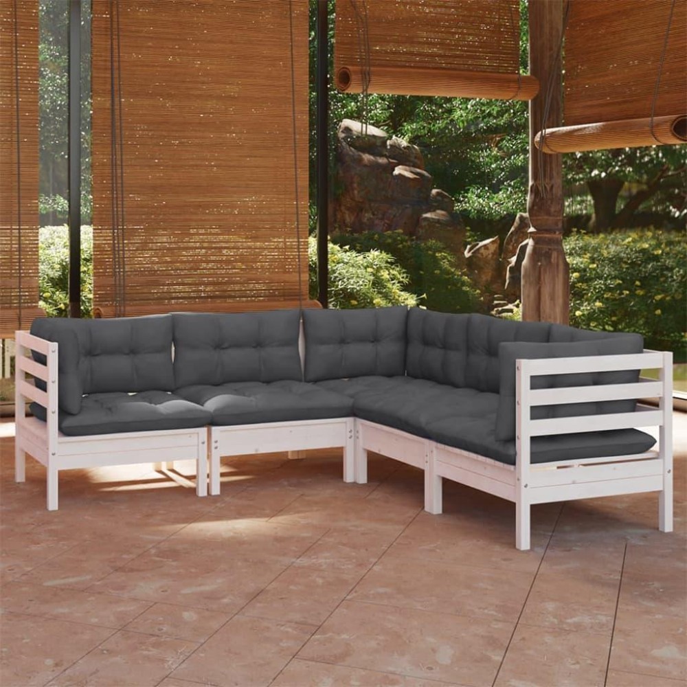 vidaXL 5 Piece Patio Lounge Set with Cushions White Solid Pinewood