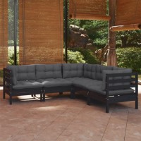 vidaXL 5 Piece Patio Lounge Set with Cushions Black Solid Pinewood