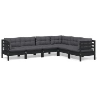 vidaXL 6 Piece Patio Lounge Set with Cushions Black Solid Pinewood