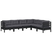 vidaXL 6 Piece Patio Lounge Set with Cushions Black Solid Pinewood