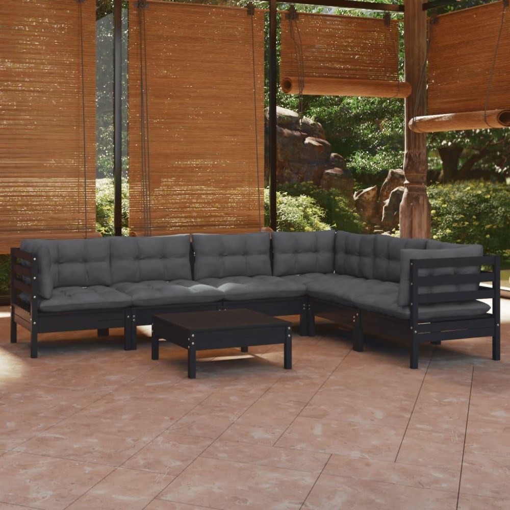 vidaXL 7 Piece Patio Lounge Set with Cushions Black Solid Pinewood