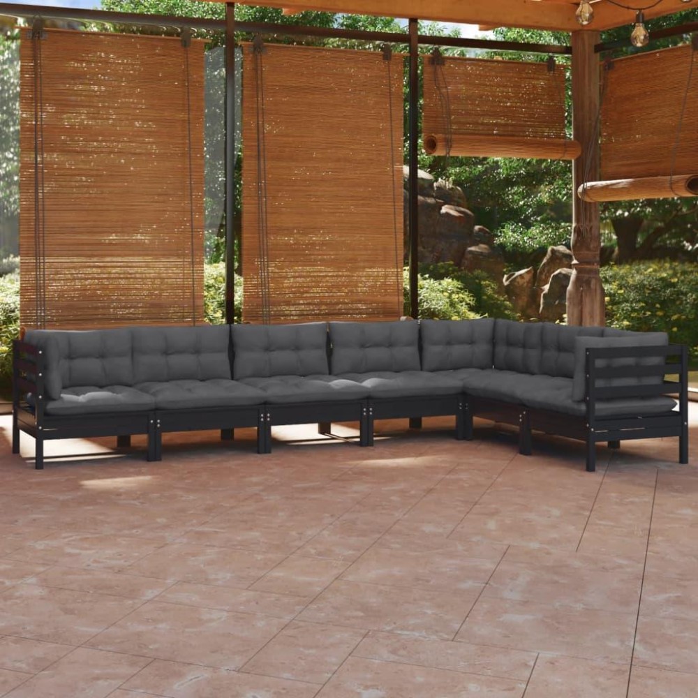 vidaXL 7 Piece Patio Lounge Set with Cushions Black Solid Pinewood