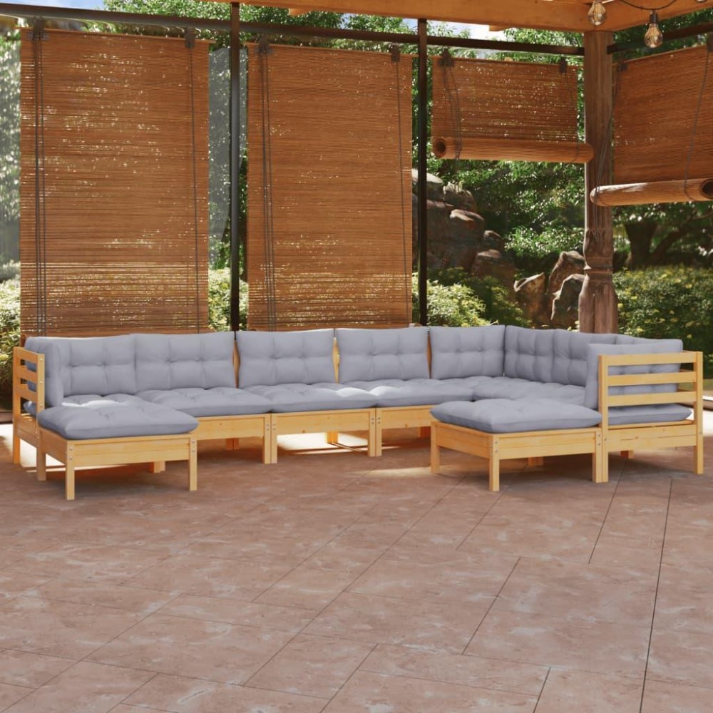 vidaXL 9 Piece Patio Lounge Set with Gray Cushions Solid Pinewood