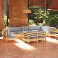 vidaXL 10 Piece Patio Lounge Set with Gray Cushions Solid Pinewood