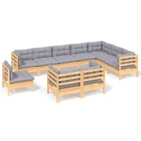 vidaXL 10 Piece Patio Lounge Set with Gray Cushions Solid Pinewood