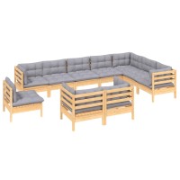 vidaXL 10 Piece Patio Lounge Set with Gray Cushions Solid Pinewood