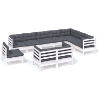 vidaXL 10 Piece Patio Lounge Set with Cushions White Solid Pinewood