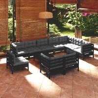 vidaXL 11 Piece Patio Lounge Set with Cushions Black Solid Pinewood