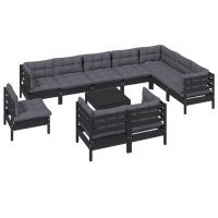 vidaXL 11 Piece Patio Lounge Set with Cushions Black Solid Pinewood