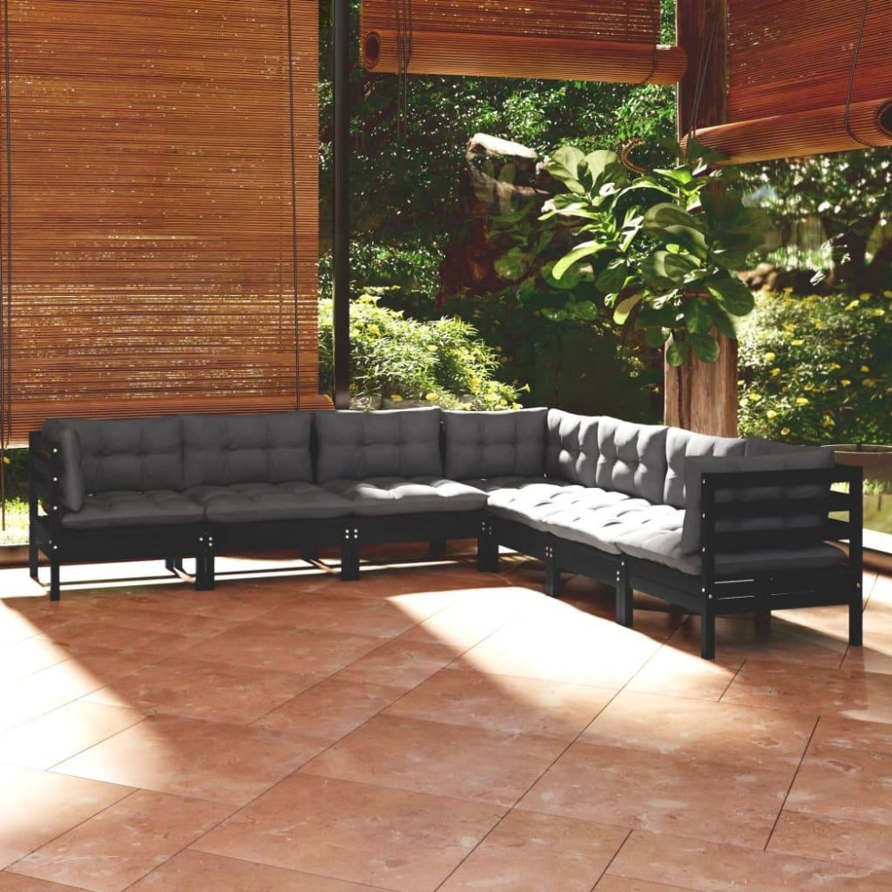 vidaXL 7 Piece Patio Lounge Set with Cushions Black Solid Pinewood