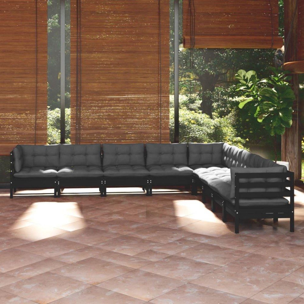 vidaXL 9 Piece Patio Lounge Set with Cushions Black Solid Pinewood